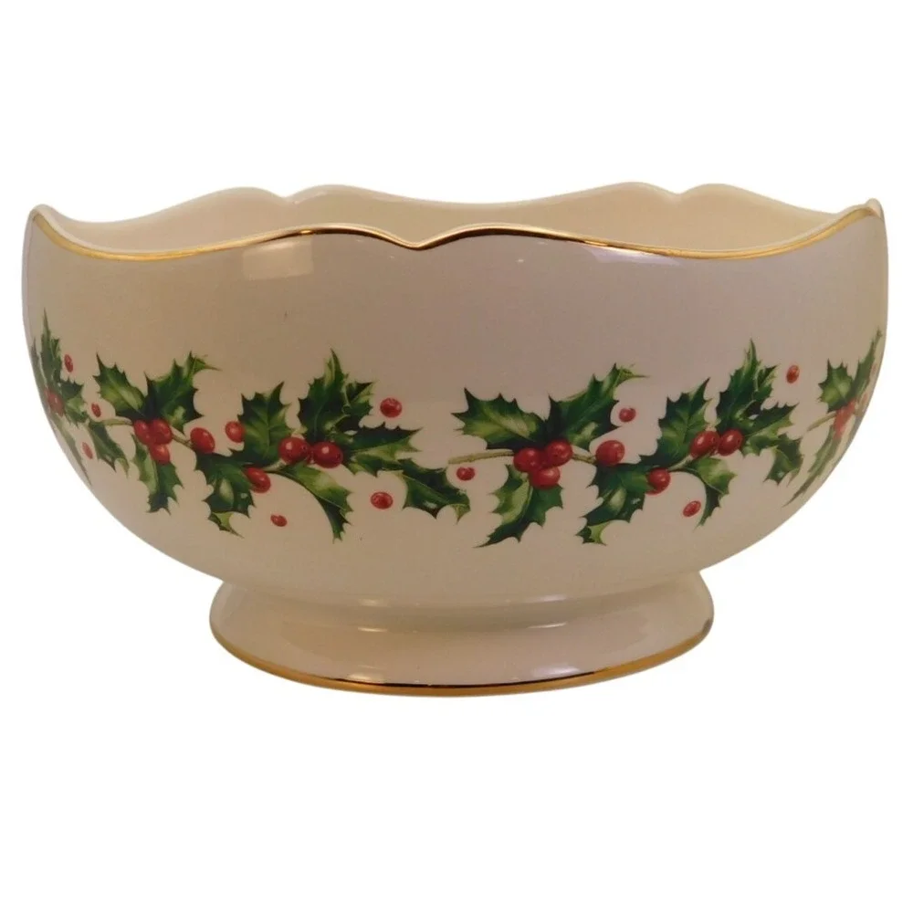 Vintage Lenox Teleflora Christmas Bowl Holly Scalloped With Gold Trim 75th Anniv